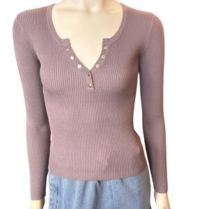 The Workshop Mocha Ribbed Henley Sweater Top Long Sleeve Gold Snaps New NWT